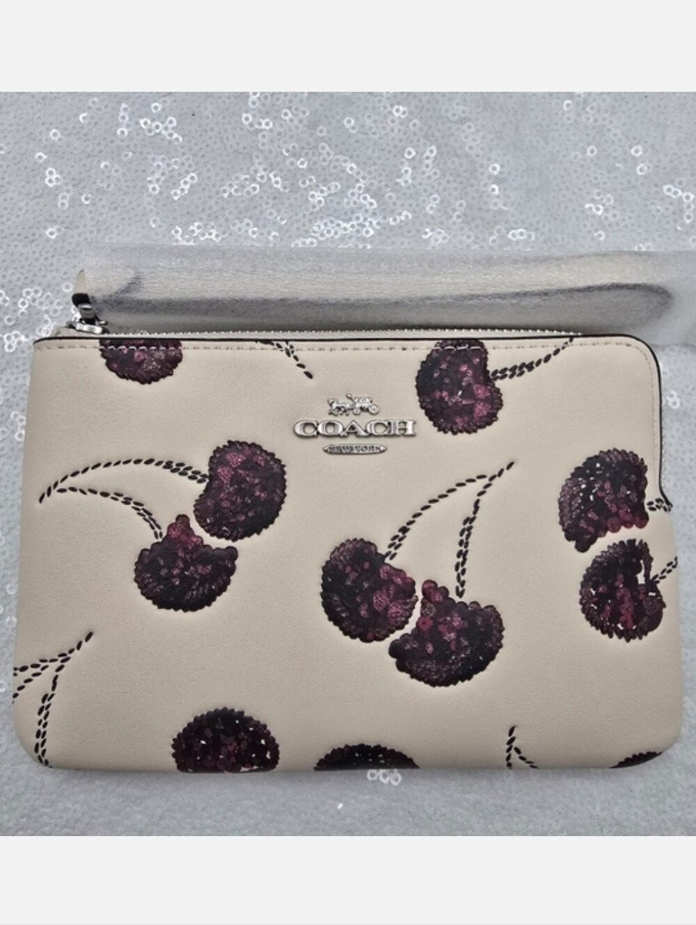 Coach Sequined Cherry Print Corner Zip Wristlet Smooth Leather Chalk & Silver
